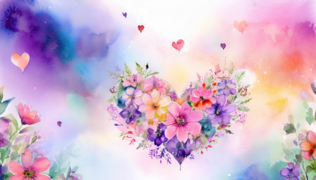 A vibrant heart shape made of flowers rests on a soft pastel backdrop, surrounded by delicate floating hearts and a dreamy effect.の素材