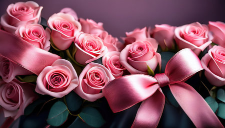 A beautiful arrangement of pink roses tied with a heart-shaped ribbon, perfect for expressing love and affection on special occasions.の素材