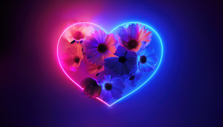 A heart shape filled with a variety of colorful flowers shines in neon hues, enhancing the enchanting vibe of the setting.の素材