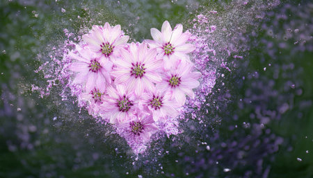 A heart-shaped arrangement of lovely flowers brings warmth and vibrancy to a serene natural setting, creating a peaceful atmosphere.の素材