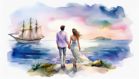 A couple stands hand in hand facing the tranquil sea, admiring a ship in the distance under a colorful sunset.の素材