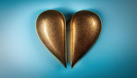Two gold-colored pieces forming a heart shape rest closely together on a calming blue surface, symbolizing connection and unity.の素材