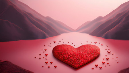 A heart shaped symbol made of many small red hearts rests in a tranquil landscape, representing unity and deep affection amidst gentle colors.の素材