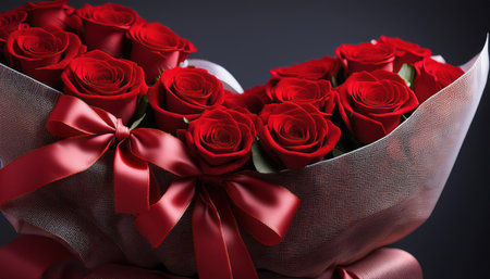 A stunning arrangement of red roses is presented in a heart formation, adorned with delicate ribbons. Perfect for expressing love.の素材