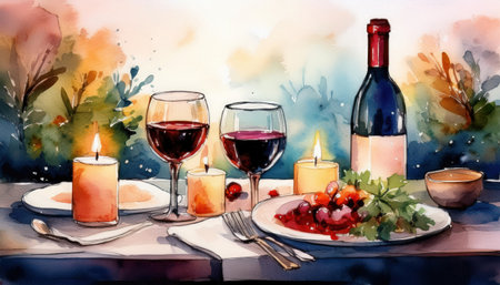 Intimate setting features two glasses of red wine, candles, and a gourmet dish, creating a romantic atmosphere for a special evening.の素材