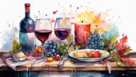 A cozy setup featuring two glasses of red wine, a bottle, a gourmet meal, and a glowing candle, all accompanied by colorful autumn decorations.の素材