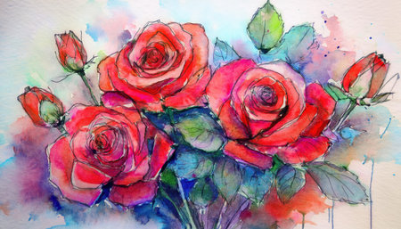 This artwork features a stunning bouquet of red roses, showing their intricate details and vibrant colors, embodying the essence of love.の素材