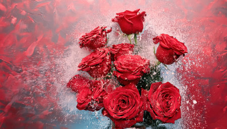 Vibrant red roses are beautifully arranged, creating a striking visual impact with a surreal backdrop, evoking emotions of love.の素材
