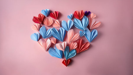 Delicate origami hearts in shades of red, pink, and blue form a beautiful heart shape on a soft pink backdrop.の素材