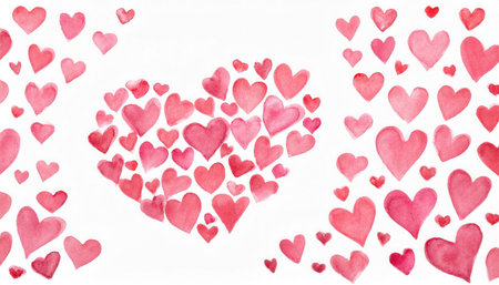 An artistic display of various small red hearts scattered across a white background, representing love and connection.の素材