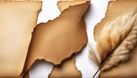 Several pieces of aged parchment paper are arranged on a white background alongside a soft feather, suitable for artistic use.の素材