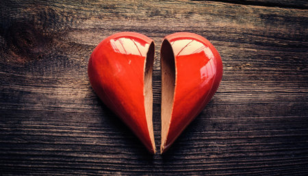 A vibrant red heart lies cracked open on aged wood, symbolizing love and longing for wholeness and connection.の素材