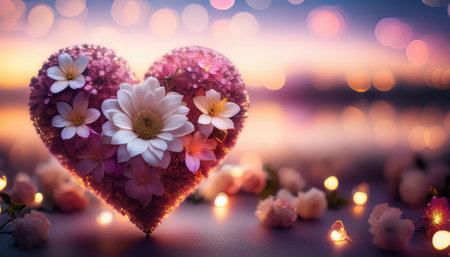 A heart-shaped floral arrangement showcases soft blossoms against a twilight backdrop, creating a romantic and serene atmosphere.の素材