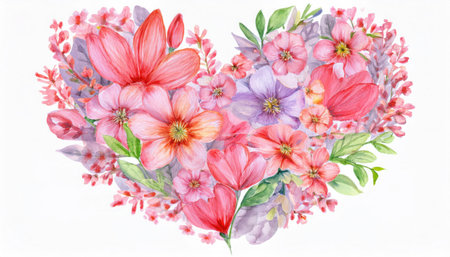 Delicate flowers arranged in a heart shape, featuring shades of pink, purple, and green, creating a harmonious and colorful display.の素材