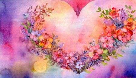 Delicate flowers surround a heart-shaped design, blending beautifully with a colorful, vibrant background.の素材