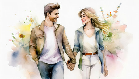 A loving couple strolls hand in hand through a colorful garden, embracing the warmth of the sun and the beauty of nature.の素材