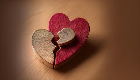 Two heart shapes, one wooden and one felt, showcase a beautiful representation of love and longing for connection between partners.の素材