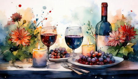 A cozy atmosphere featuring two glasses of wine, candles, and a plate of grapes, all surrounded by colorful flowers.の素材
