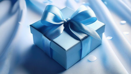 A delicate light blue gift box adorned with a satin ribbon rests on a soft blue fabric background, creating an elegant presentation.の素材