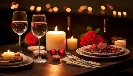 Candlelight illuminates a beautifully arranged table with two glasses of wine, a gourmet meal, and fresh roses, creating a romantic atmosphere.の素材