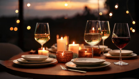 A beautifully arranged table with wine glasses, candles, and plates, creating a romantic ambiance during sunset.の素材