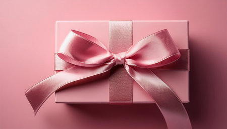 A beautifully wrapped gift box in soft pink, adorned with a satin ribbon, creating a charming and elegant appearance.の素材
