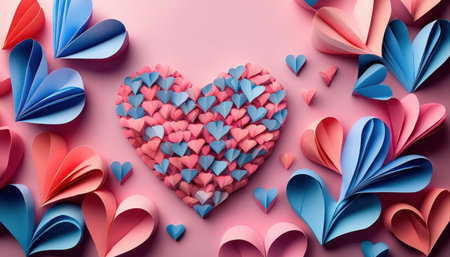 A creative arrangement of small paper hearts forms a large heart shape surrounded by various colorful hearts in soft hues.の素材