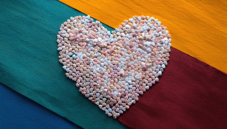 Small pebbles arranged to form a heart on a vibrant, multi-colored abstract backdrop, showing creativity and love.の素材