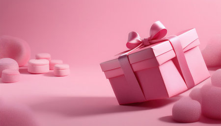 A beautifully wrapped pink gift box with a ribbon sits against a soft pink background, accompanied by charming decorative elements.の素材