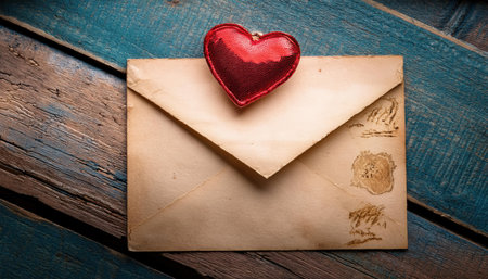 A vintage envelope rests on a weathered wooden surface, decorated with a small red heart, evoking feelings of nostalgia and love.の素材