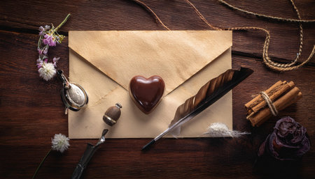 A vintage-style letter features a chocolate heart, accompanied by a feather quill, fragrant spices, and decorative elements on a wooden backdrop.の素材