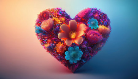 A heart shape formed by a variety of colorful flowers, showing bright tones and vibrant textures that evoke feelings of joy and love.の素材