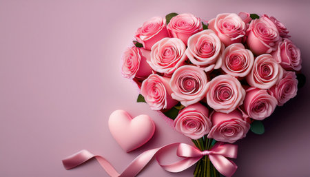 A beautifully arranged bouquet of pink roses shaped like a heart, complemented by a charming ribbon and decorative heart.の素材