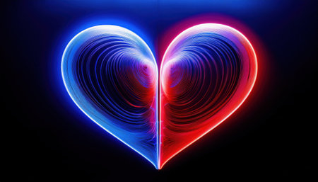 This striking heart shape features blue and red halves that symbolize the search for love and connection between two individuals.の素材