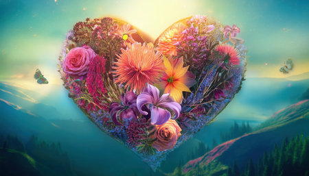 Firefly dances among colorful flowers, forming a heart shape in a picturesque natural setting during a beautiful sunset.の素材