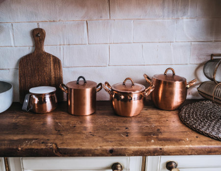 Warm wooden surfaces complement the shiny copper pots arranged neatly in a rustic kitchen. The space exudes a welcoming and homey vibe, perfect for cooking.の素材