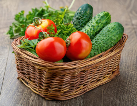 Bright red tomatoes and crisp cucumbers sit in a woven basket, surrounded by fresh herbs, showing the bounty of a summer harvest in a cozy kitchen.の素材