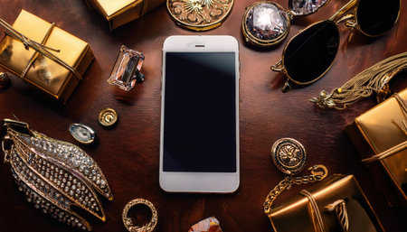 A stylish smartphone rests at the center, surrounded by shimmering jewelry and elegant golden gifts, creating a lavish atmosphere.の素材