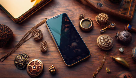 A modern smartphone rests on a textured wooden surface among unique vintage objects, showing a blend of old and new styles.の素材
