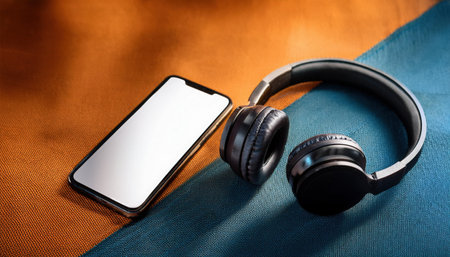 Wireless headphones and a smartphone rest on a vibrant textured background, showing modern technology and style.の素材