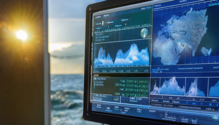 A display shows real-time analysis of climate data alongside a serene ocean view at sunset. The monitor highlights various climate metrics and graphs indicating environmental changes.の素材