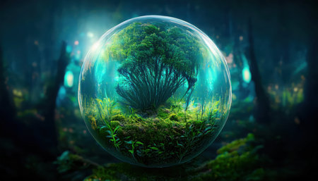 An artistic orb filled with lush greenery and wild growth floats in a glowing forest, illuminated by enchanting light sources.の素材