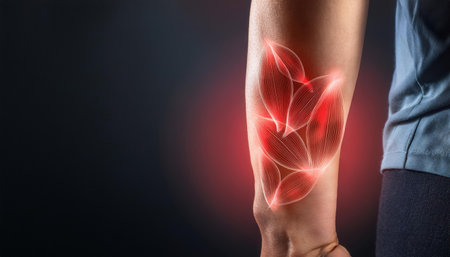 A detailed illustration showing the muscular anatomy of a human arm. The image features highlighted muscle fibers in a vibrant red hue, emphasizing strength and vitality.の素材