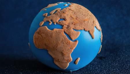 The globe shows Earth with a brown, desert-like texture representing continents, set against a deep black backdrop of space. It symbolizes the planet's geographic diversity and beauty.の素材