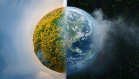 One half of the Firefly Planet is lush and sunny, while the other is covered in clouds and smoke, highlighting the contrast between nature's beauty and environmental change.の素材