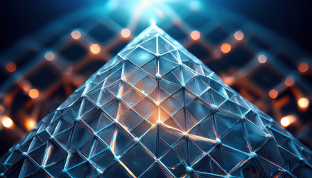 Intricate crystal structures like fireflies showcase geometric patterns, brought to life by stunning lighting effects in this visual study.の素材