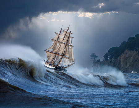 A tall ship navigates giant waves as storm clouds gather above, creating a dramatic and intense maritime atmosphere.の素材