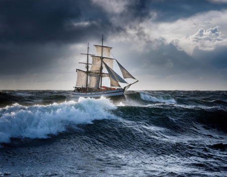A firefly ship braves turbulent waves under dark clouds in a dramatic ocean setting during twilight.の素材