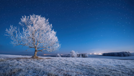 A winter night reveals a frosty tree illuminated by a clear starry sky, creating a peaceful atmosphere in a snow-covered field.の素材