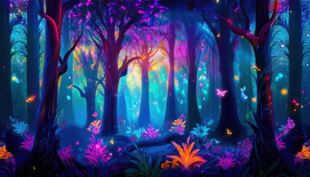 Brightly colored leaves and glowing fireflies create a magical atmosphere in a vibrant forest during the night.の素材